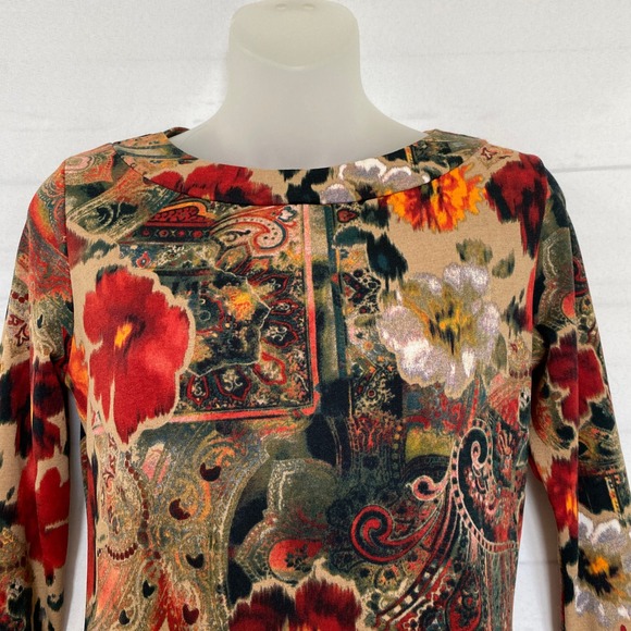Papillon Blanc Boho 70s Floral Tapestry Sheath Dress Women XS Tan Red 3/4 Sleeve - Picture 10 of 10